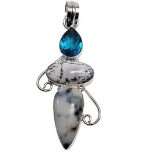 Blue Topaz Dendritic Opal Sterling Silver Pendant Necklace w/ Artisan Silverwork